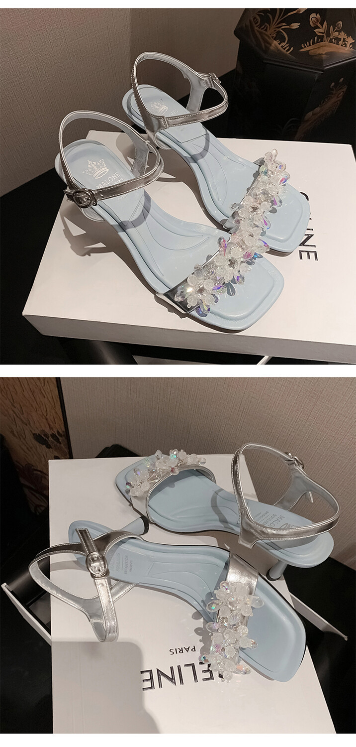 Sandal cao gót nữ mũi nhọn đính cườm da bò, gót nhọn 9 cm — Màu đen, Màu xanh lam chi tiết 6