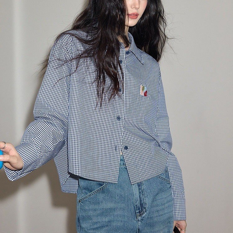 1313 Commuting Elegant Blue and White Plaid Letter Embroidered Shirt Women's Autum Short Slim Long-Sleeved Casual Shirt