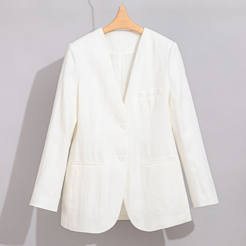 Completo da donna in lino ChicShe, tre pezzi, professionale, elegante, con pantaloni a gamba dritta e larga, blazer piccolo_voghion.com