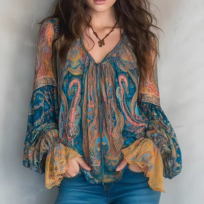 2026 Summer New Style Bohemian Cyan and Amber Paisley Chiffon Shirt for Women with Ruffled Sleeves That Flutter Like Fairies 2026 Summer New Style Bohemian Cyan and Amber Paisley Chiffon Shirt for Women with Ruffled Sleeves That Flutter Like Fairies