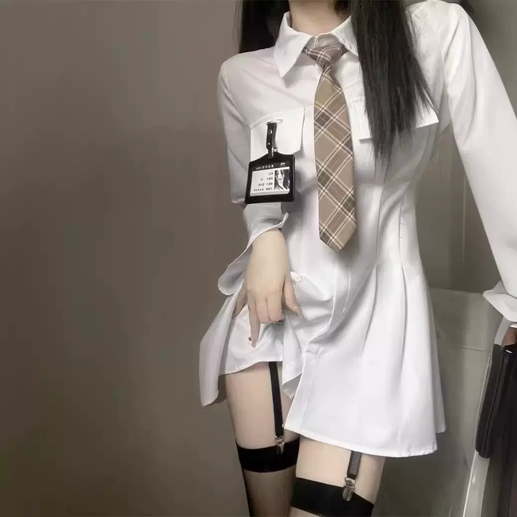 纯欲风白色长袖衬衫连衣裙女2023新款春季设计感收腰显瘦A字短裙