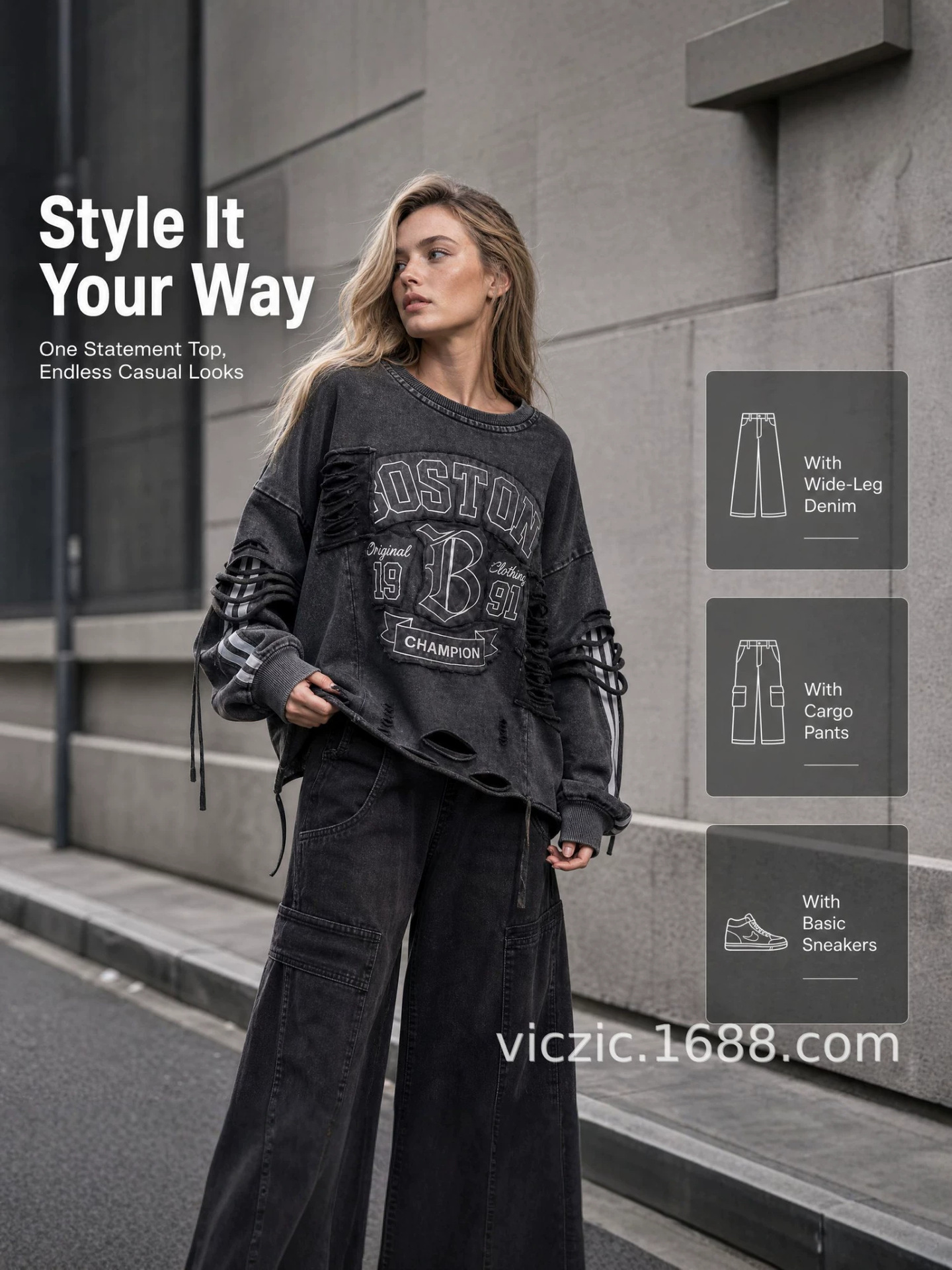Sudadera Corta de Manga Larga para Mujer, Estampado de Letras, Bordado, Corte Holgado, para Estilo Urbano