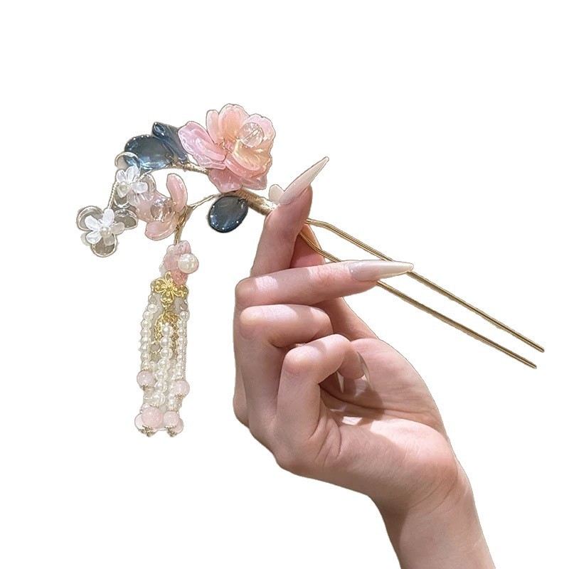 恰逢江南~新中式簪花绢花发钗流苏发簪子古典头饰汉服旗袍头饰女|undefined