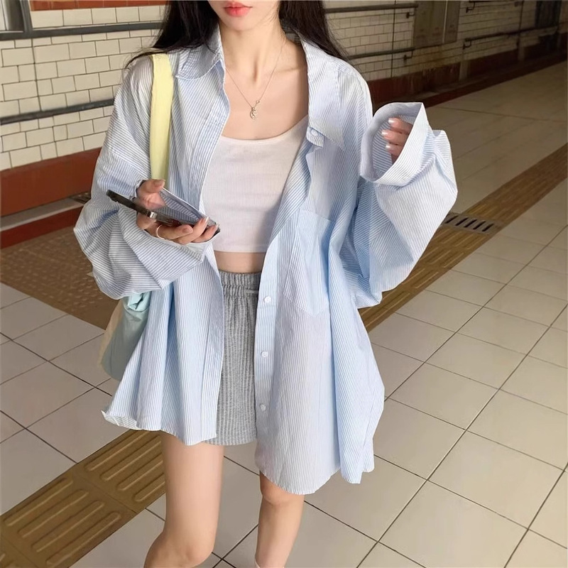 Design Sense Striped Polo Collar Shirt Coat Women's Spring Sun Protection Shirt Loose Casual Cardigan Mid-length Top
