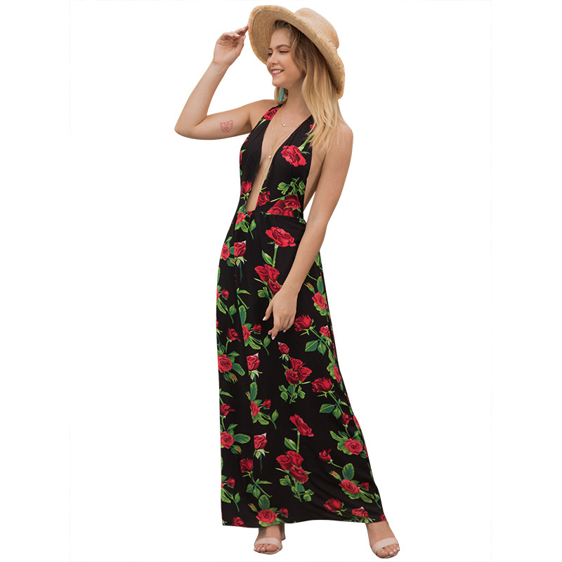 V-neck low-cut printed sling halter chiffon long dress NSMAN53296