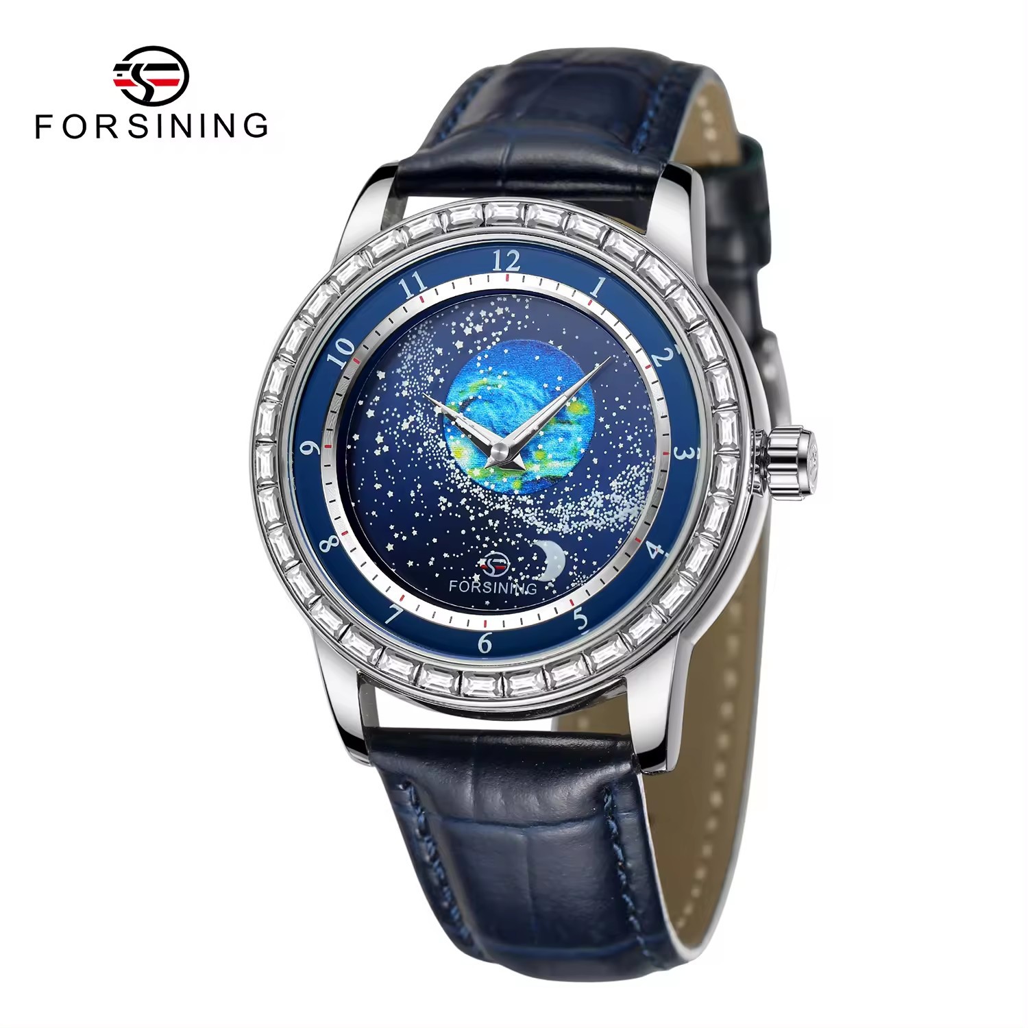 Forsining nuevo estilo europeo y americano hombre moda ocio rotación luz nocturna estrella reloj mecánico estrella