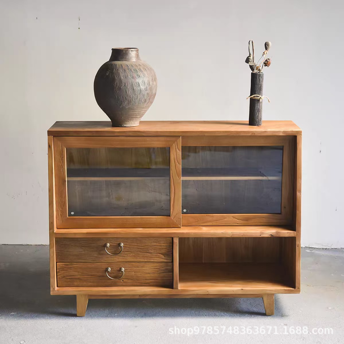 Wabi-Sabi Style Old Elm Sideboard Entryway Wall-Mounted Weathered Cabinet Home Storage Cabinet Solid Wood Tea Cabinet Side Cabinet