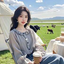 2026特别致时髦设计感小众灰色边拼接上衣女