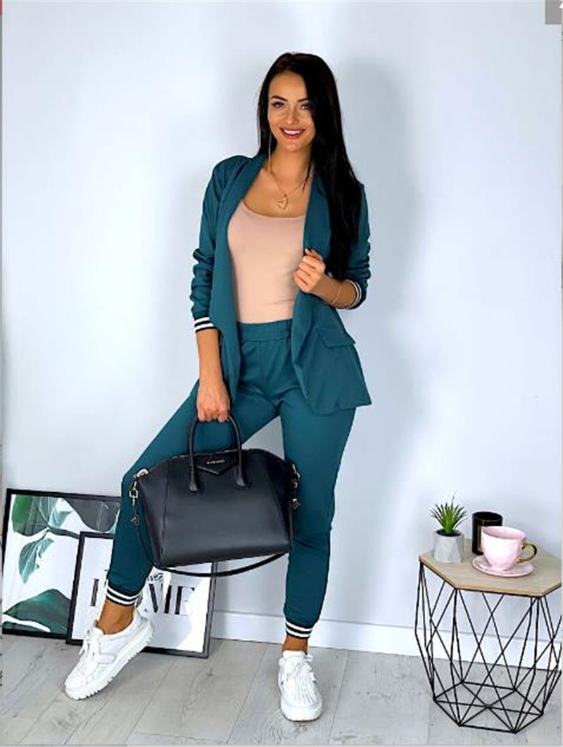 Women's clothing fashion suit casual solid color long-sleeved suit and trousers two-piece set_mkmklike.com