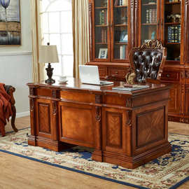 美式奢华书桌复古别墅书房电脑桌写字台欧式实木办公桌总裁老板桌