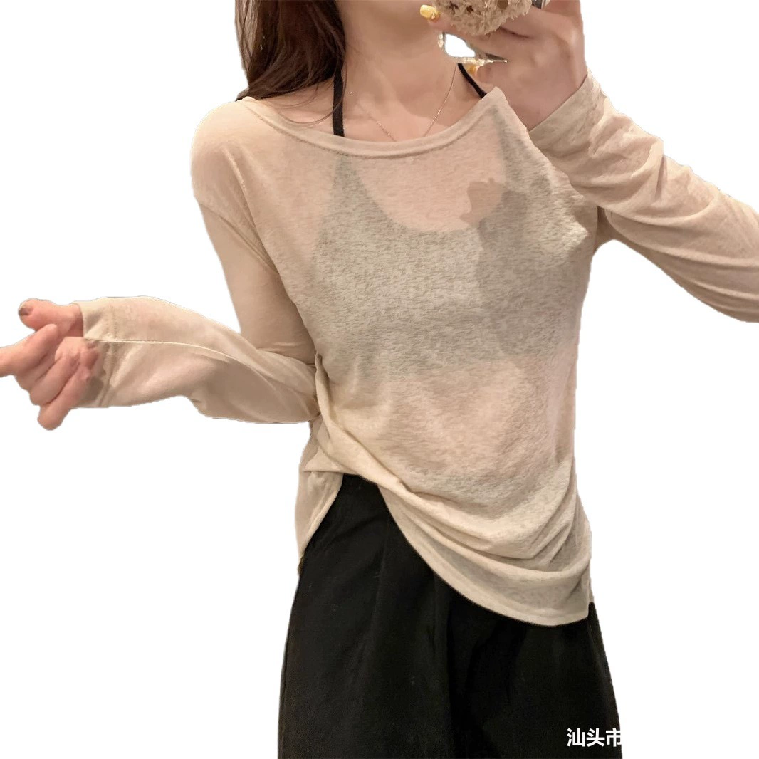 Summer sun protection clothing for students, silk thin long-sleeve, T-shirt, Korean style, UV protection