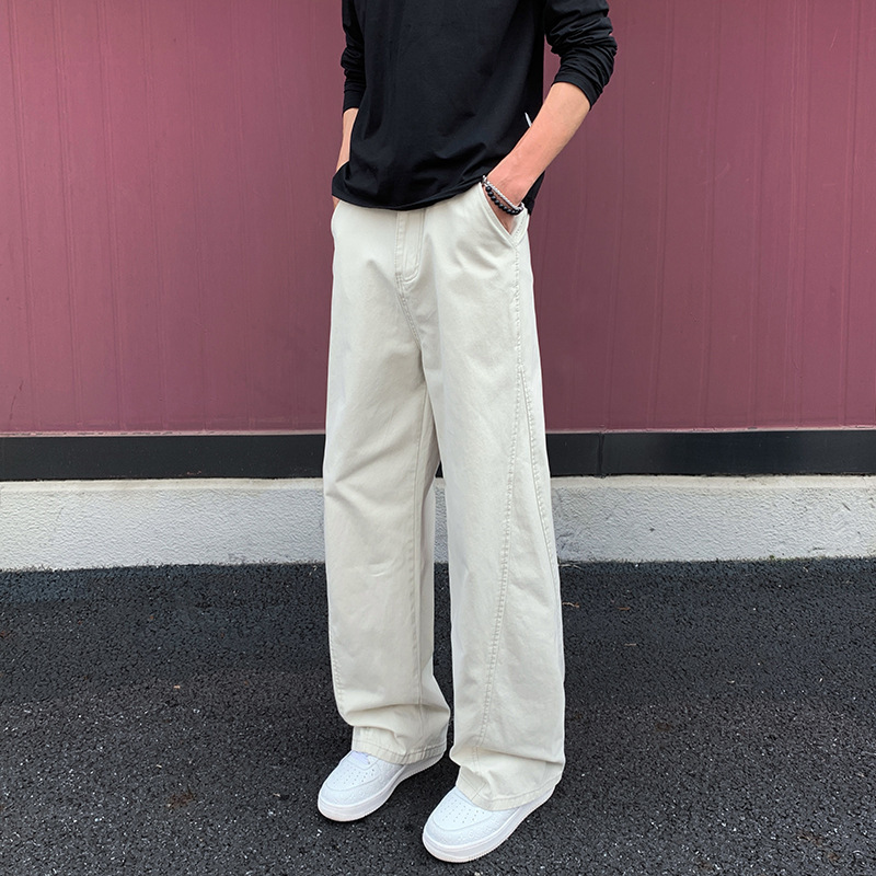 Casual Cropped Curved Hem Jeans for Men, Autumn Trendy High Street Loose Straight Wide-Leg Cleanfit Casual Pants