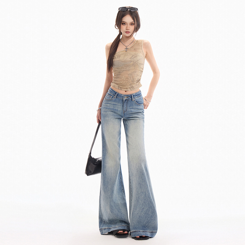 Versatile Four-Season Colors Retro Low-Waist Flared Jeans for Women American-Style Slim Fit Casual Pants