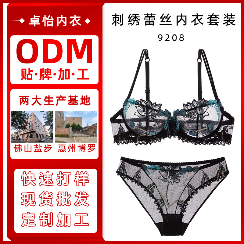 Procesamiento de encaje personalizado conjunto de ropa interior bordada sujetador transparente para mujer conjunto de sujetador de recolección transpirable fabricante de Foshan