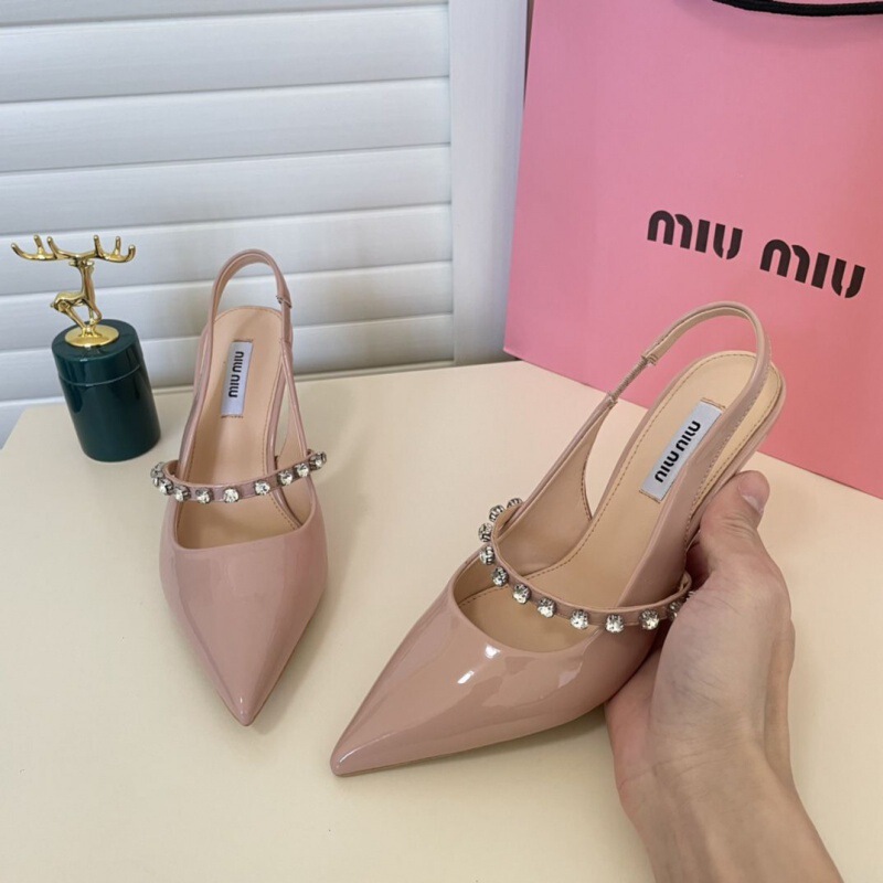 miu*家新款水钻链条包头凉鞋仙女风气质漆皮高跟鞋尖头细带一字扣|undefined