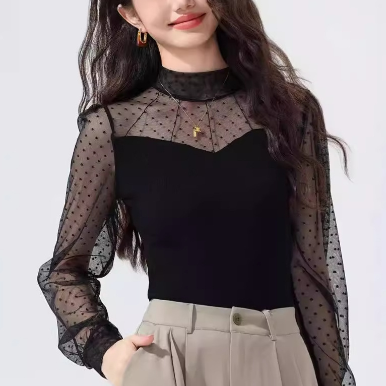 Lace Top Women's Long-sleeved 2024 Fall/Winter New plus size Women's Half-turtleneck Mesh Inner Base Shirt Styline Shirt