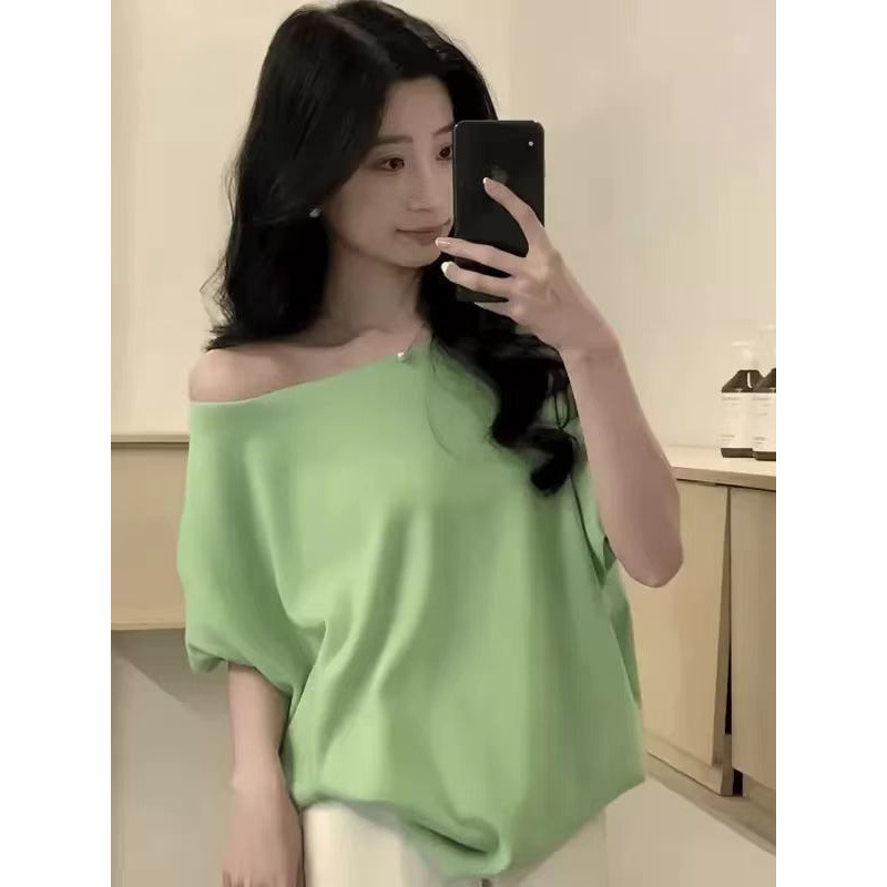 不規則な薄いオフショルダーニットTシャツレディース夏ドーパミンレイジールーズスリム半袖斜め肩トップ|undefined