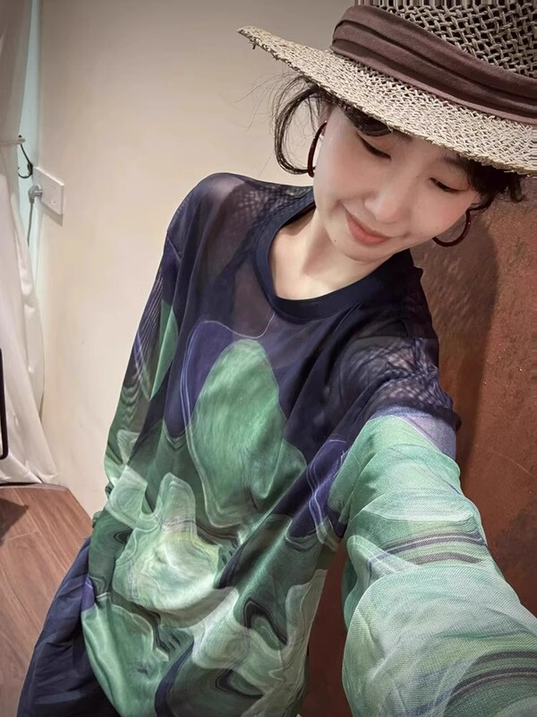 青绿色水墨晕染冰丝凉感长袖T恤防晒衫超好看独特漂亮薄上衣夏季|undefined