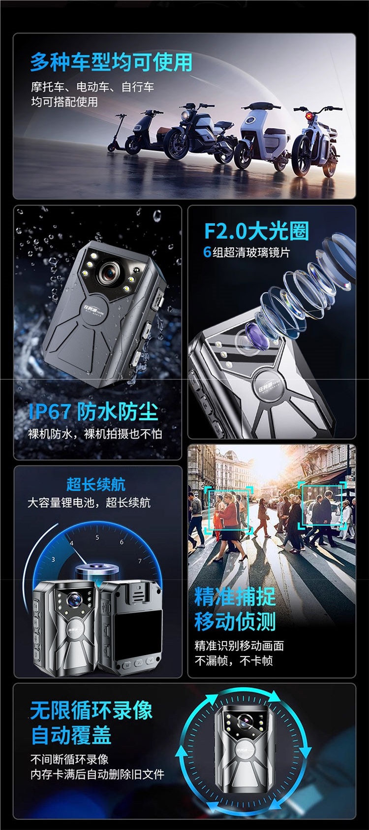 Motorcycle and electric vehicle riding dashcam, sports camera, waterproof, anti-shake, no wiring required, ultra-long battery life, night vision