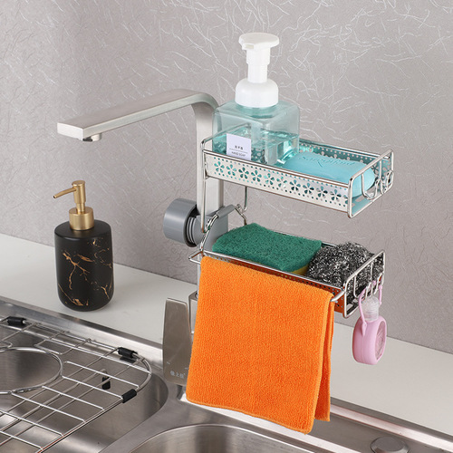 Square tube flat faucet storage rack household pool sponge drain hanging basket kitchen storage rack 304 stainless steel