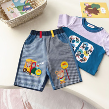 外贸日系童装25夏新可爱小熊小火车刺绣拼接格子六分短裤7051