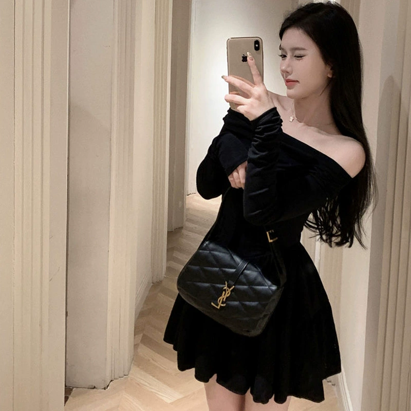 Off-Shoulder Dress, French Style, Slim Fit, Long Sleeve — Black/Apricot, S–XL