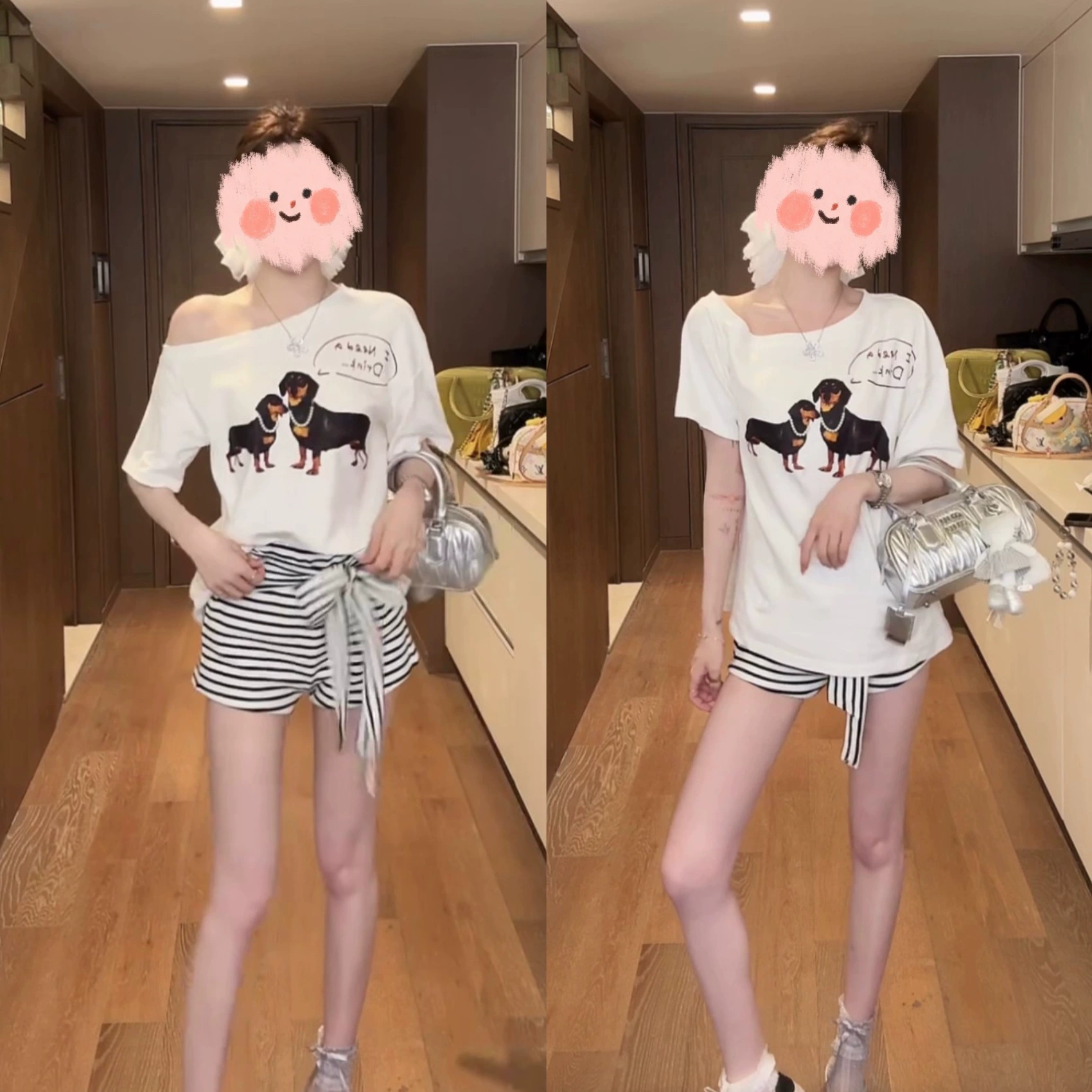 Летний костюм 2025 года: топ с открытым плечом, милый и симпатичный принт, универсальный дизайн, шорты на бретелях.