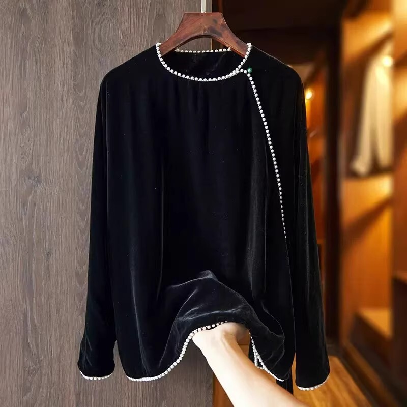 Black Imitation Velvet Shirt Women's Autumn Clothing 2025 New Chinoiserie Retro Improved Tang Suit Women's Long-Sleeved Top