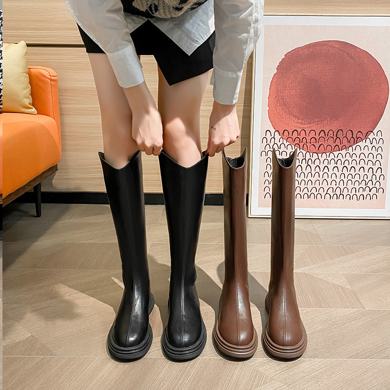 Knight Women's Underknee Long 2024 New High Barrel V-Mouth Brown Thick Sole 150 Small Tall Boots_voghion.com