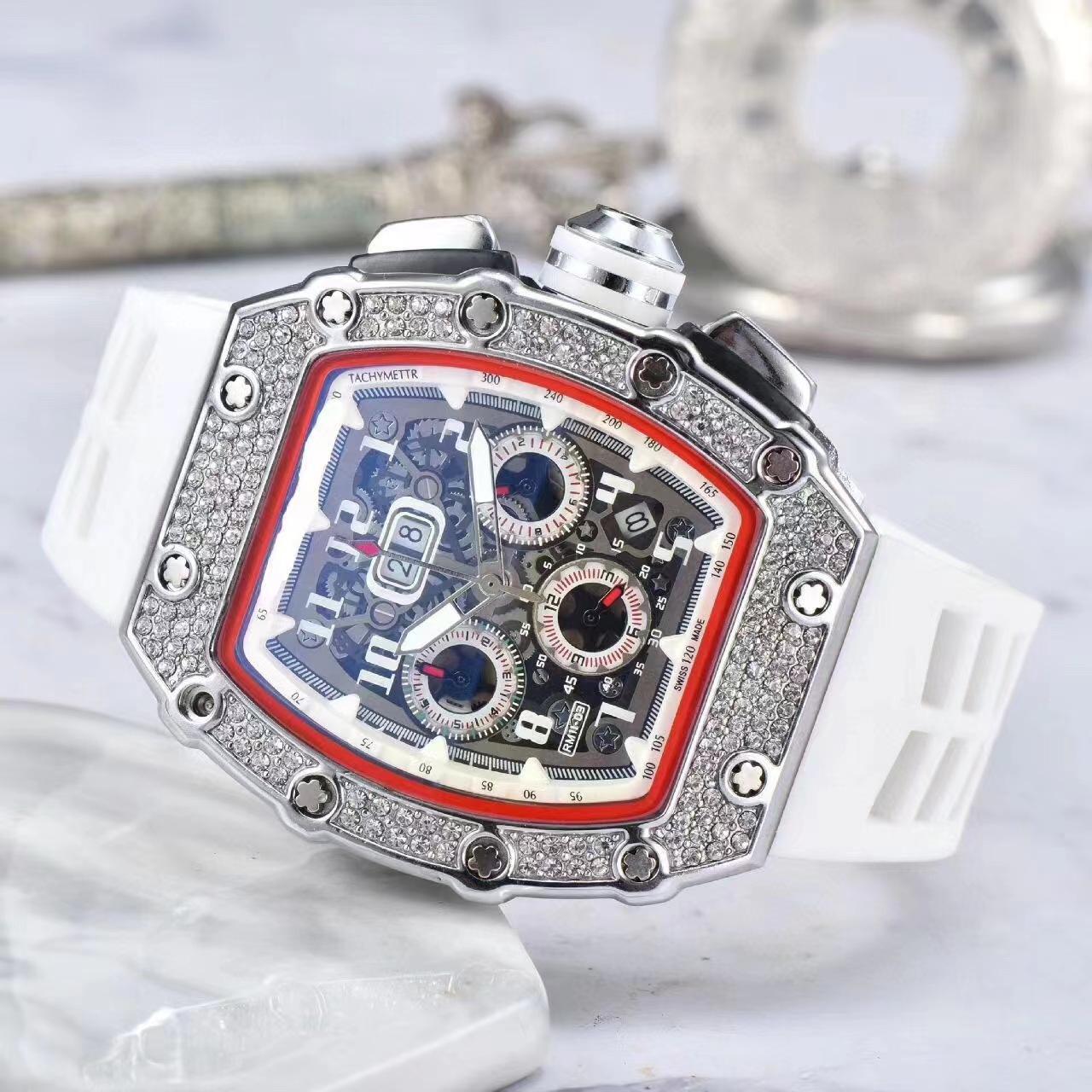 2020 New European and American Hollow Ghost Head Watch Diamond-Encrusted Business Men's Watch Fashion Barrel-Shaped Six-Needle Quartz Watch