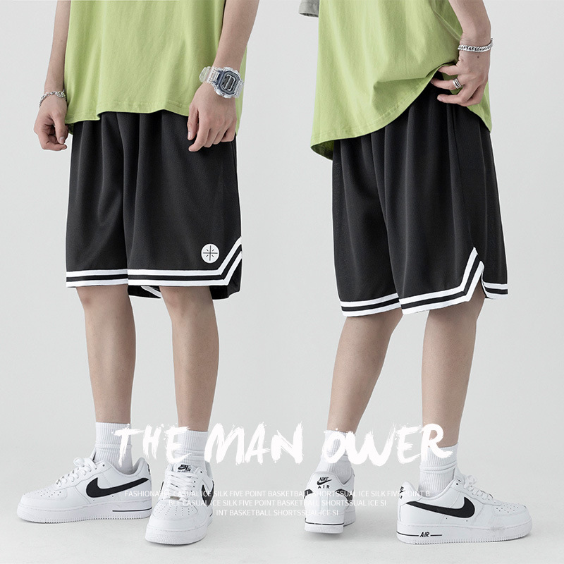 Sports shorts men's loose ice silk casual basketball pants summer thin trendy wide leg night running half pants