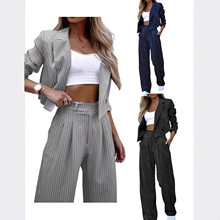2025欧美外贸女装气质休闲条纹短款翻领西装直筒裤套装