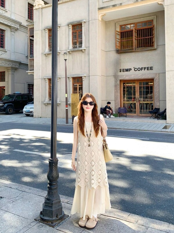 Layered French-Style Hollow-Out Outfit for Women, Summer Style, Two-Piece Crochet Vest Dress, Vacation Slip Dress Layered French-Style Hollow-Out Outfit for Women, Summer Style, Two-Piece Crochet Vest Dress, Vacation Slip Dress