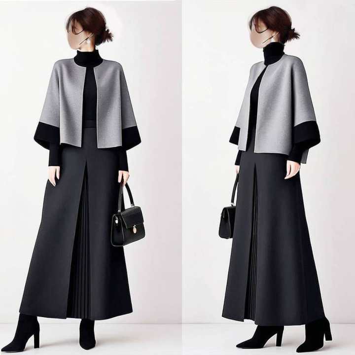 2026 Winter New Japanese Style Round Neck Color-Blocking 7/8 Sleeve Jacket with Front Pleated Patchwork A-Line Skirt Two-Piece Set 2026 Winter New Japanese Style Round Neck Color-Blocking 7/8 Sleeve Jacket with Front Pleated Patchwork A-Line Skirt Two-Piece Set