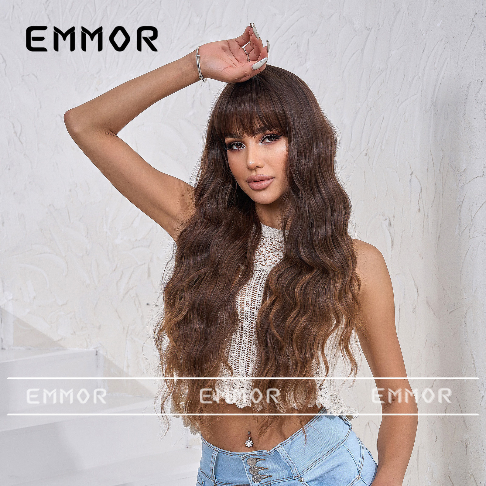 Estilo europeo y americano gradiente marrón recto flequillo lana rizado largo pelo rizado moda elegante seda de alta temperatura fibra química peluca cabeza cubierta