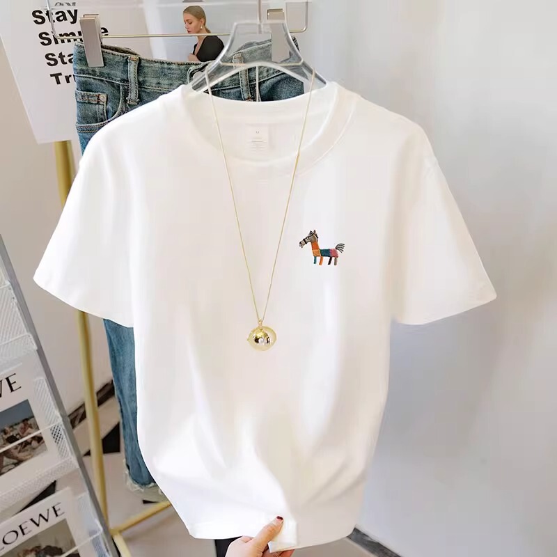 Embroidered Pony Pure Cotton White Short-Sleeved T-Shirt for Women 2026 New Large Size Loose and Versatile Couple's Top A3328
