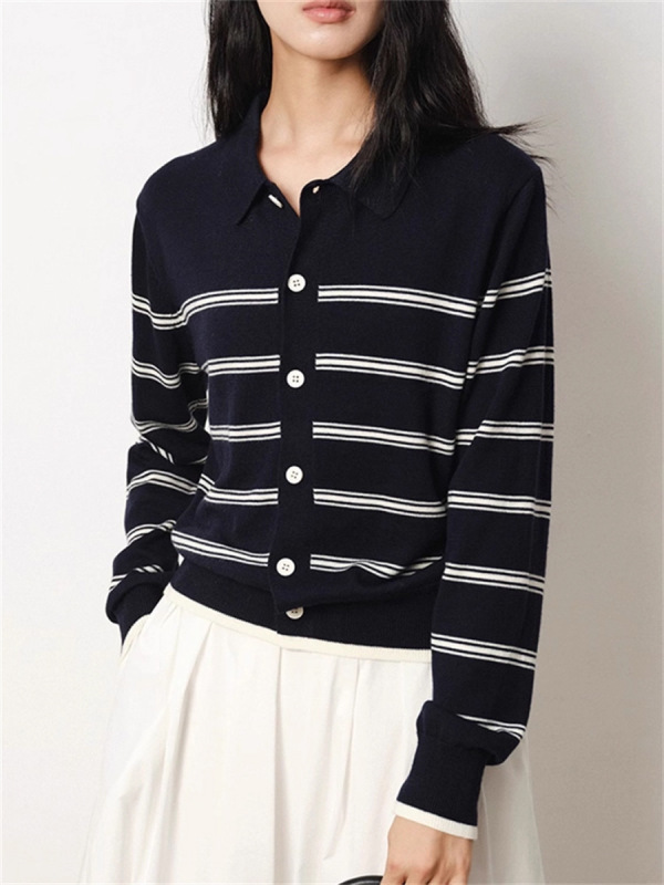 藏青条纹polo领长袖针织开衫女早秋季慵懒高级感宽松软糯翻领上衣|undefined