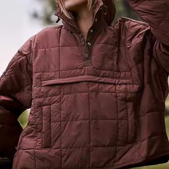 2023跨境亚马逊秋冬款纯色连帽棉服可折叠填充套头口袋长袖外套女|undefined