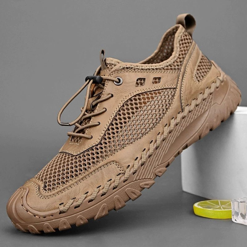 Мужская обувь, новинка 2025 года, летние сетчатые туфли из натуральной кожи, дышащие повседневные туфли с тонкой сеткой, мужские туфли без шнуровки