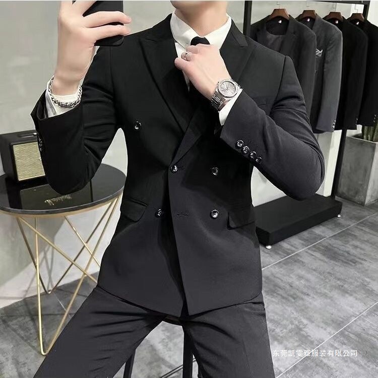 Black Double-Breasted Seven-Piece Suit Set for Men, Slim Fit, Suitable for All Seasons, Korean Style Formal Suit Complete Set