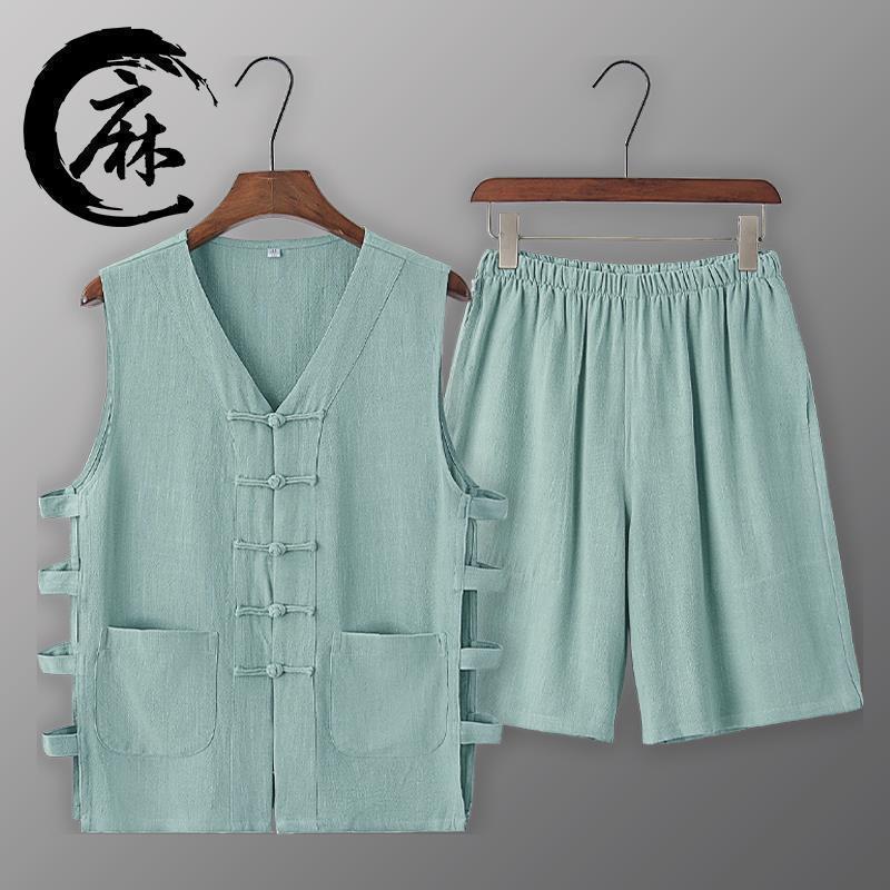 Summer loose breathable thin Tang suit vest shorts set with Chinese knot buttons retro style men's old man shirt T-shirt