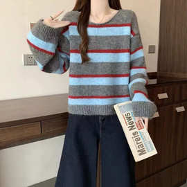 时尚韩系秋冬季新款简约复古撞色条纹设计感百搭毛衣女冬季上衣