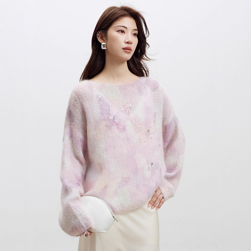[Butterfly Mark] Printed Mohair One-Line Collar Knit Sweater Women's Pullover 2026 Spring New Loose Sweater