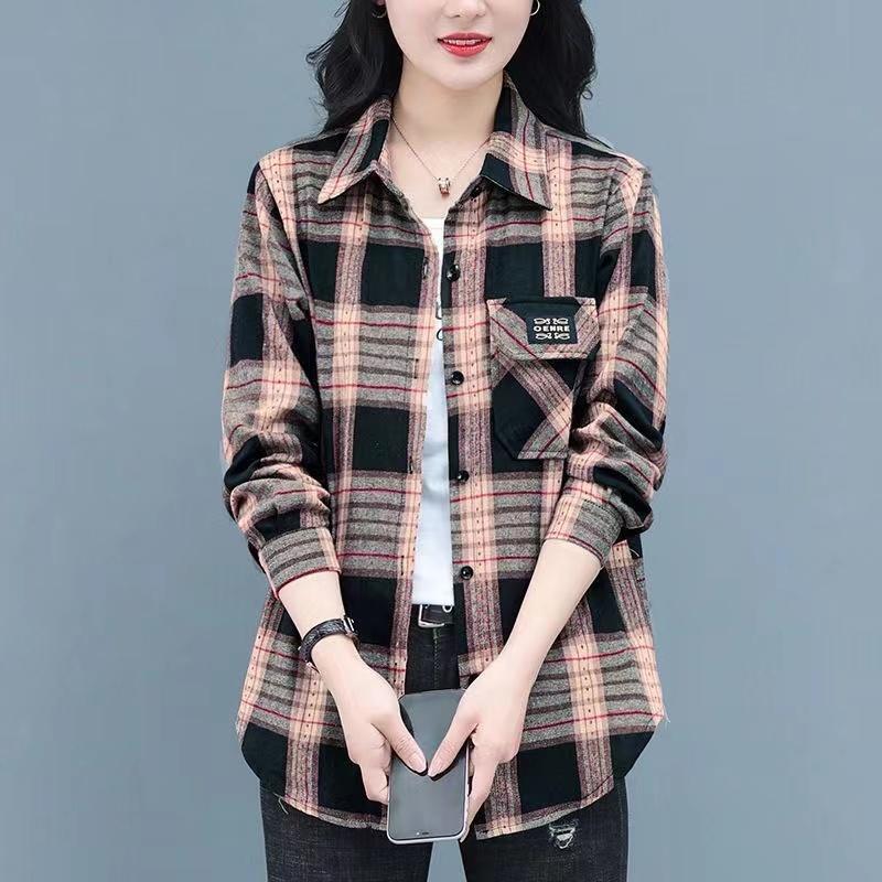 春の新綿レディースシャツ女性の長袖中年母親チェック柄シャツルーズ春と秋の女性のジャケット|undefined