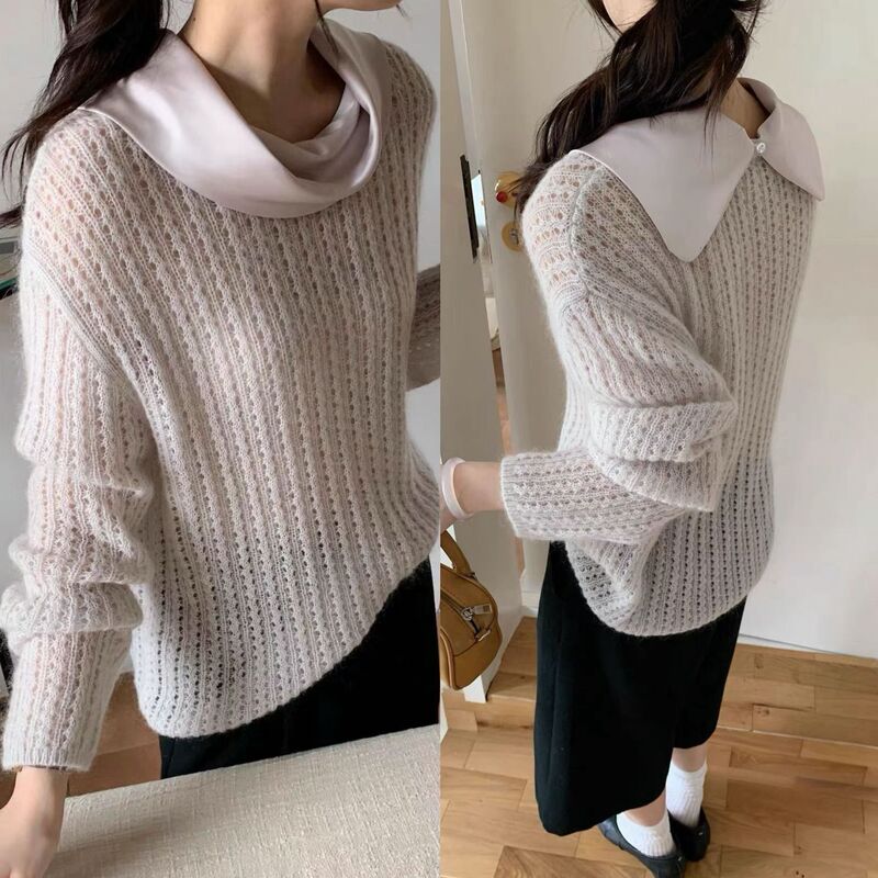 Women's high-quality vintage perforated top with doll collar and mohair, gentle style, autumn 2026 new arrival