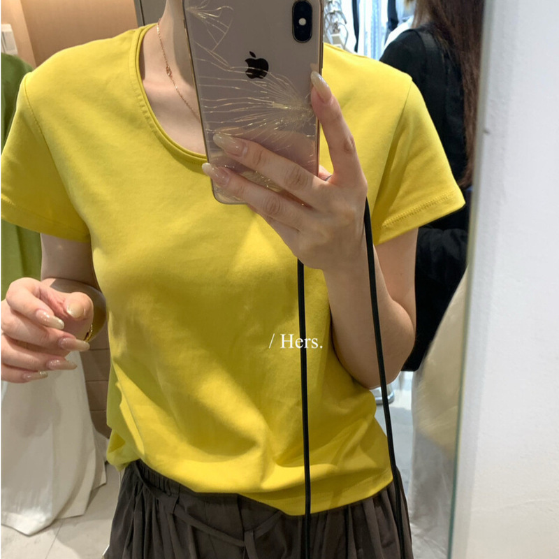 Hers a Spoonful of Sweetness Simple and Sophisticated Basic Style Dopamine Color Versatile Slim-Fit Round Neck Pullover Short-Sleeve T-Shirt Hers a Spoonful of Sweetness Simple and Sophisticated Basic Style Dopamine Color Versatile Slim-Fit Round Neck Pullover Short-Sleeve T-Shirt