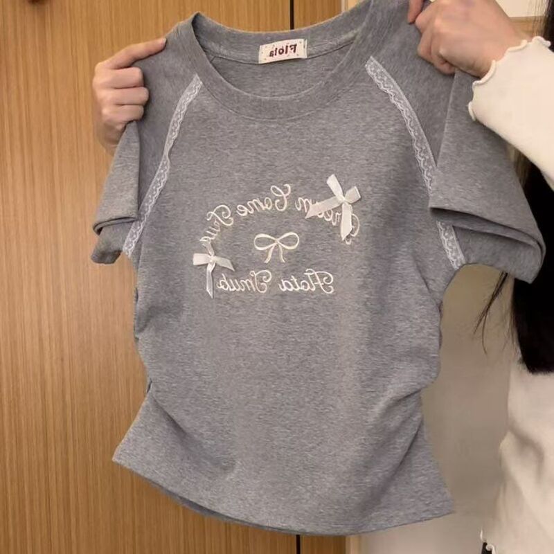 2025 夏刺繍レターリボンレースラグラン半袖 Tシャツレディースカレッジスタイルウエストショートトップトレンディ|undefined