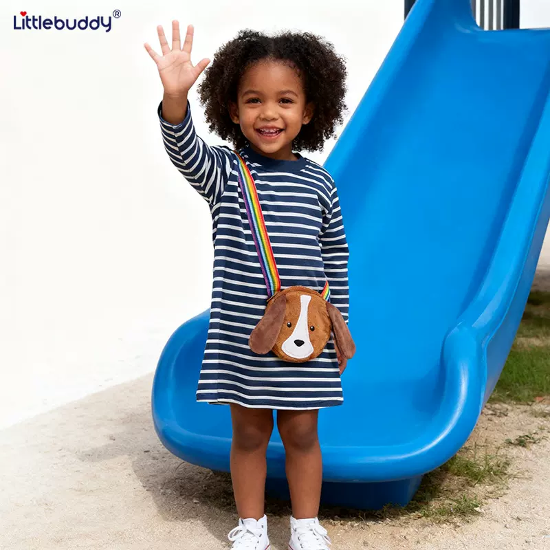 秋季新款女童连衣裙欧美风时尚贴布中小童公主裙圆领条纹长袖童裙