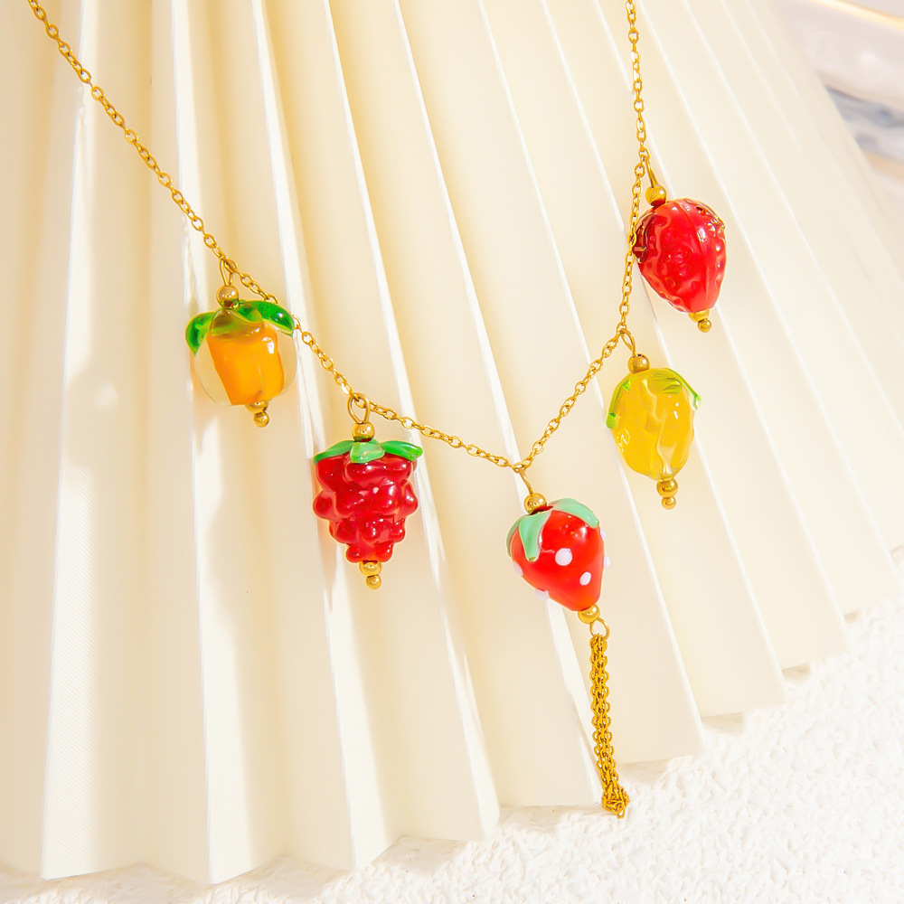 17g Weight PVD Coated Gold Plating Process 18K Gold Plated Plating Material Glass, Titanium Steel Pendant Material Pendant Necklace Classification Titanium Steel Chain Material Beaded Chain, Paperclip Chain, cable chain Chain Type 1 Piece Quantity Casual, Daily Occasion Glass, Titanium Steel Material Cherry, Heart Shape, Strawberry Pattern Women's Gender Plating Design Cute Style Gold Color Cute Cherry Heart Shape Strawberry 18K Gold Plated PVD Coated Glass Titanium Steel Beaded Chain Paperclip Chain Cable Chain Pendant Necklaces Wholesale 10