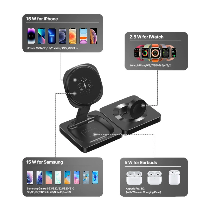 Apple, with synchronisation with phone, wireless compatible headphones, watch charging, three in one, iphone